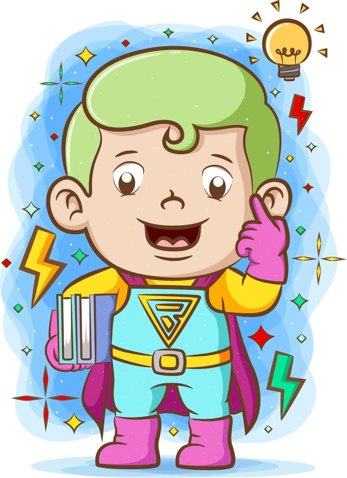 The super boy using the super suite and holding two books vector