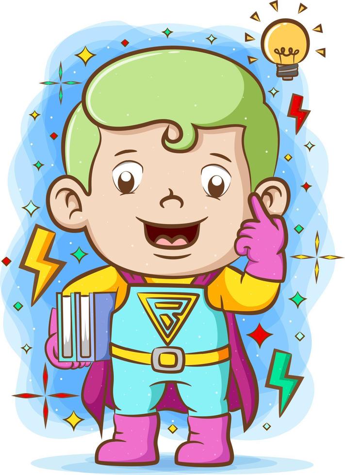 el super chico usando la super suite y sosteniendo dos libros vector