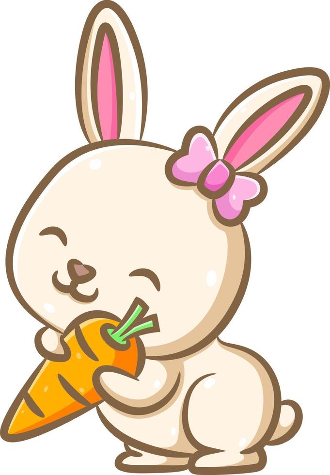 lindo conejo con pinza de pelo de cinta rosa está de pie y sosteniendo la zanahoria naranja vector