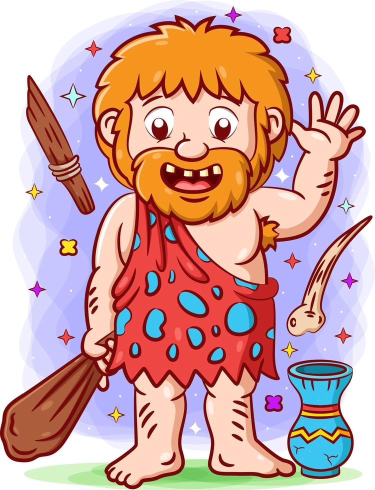 The primordial man waving his hand and holding a big stone vector