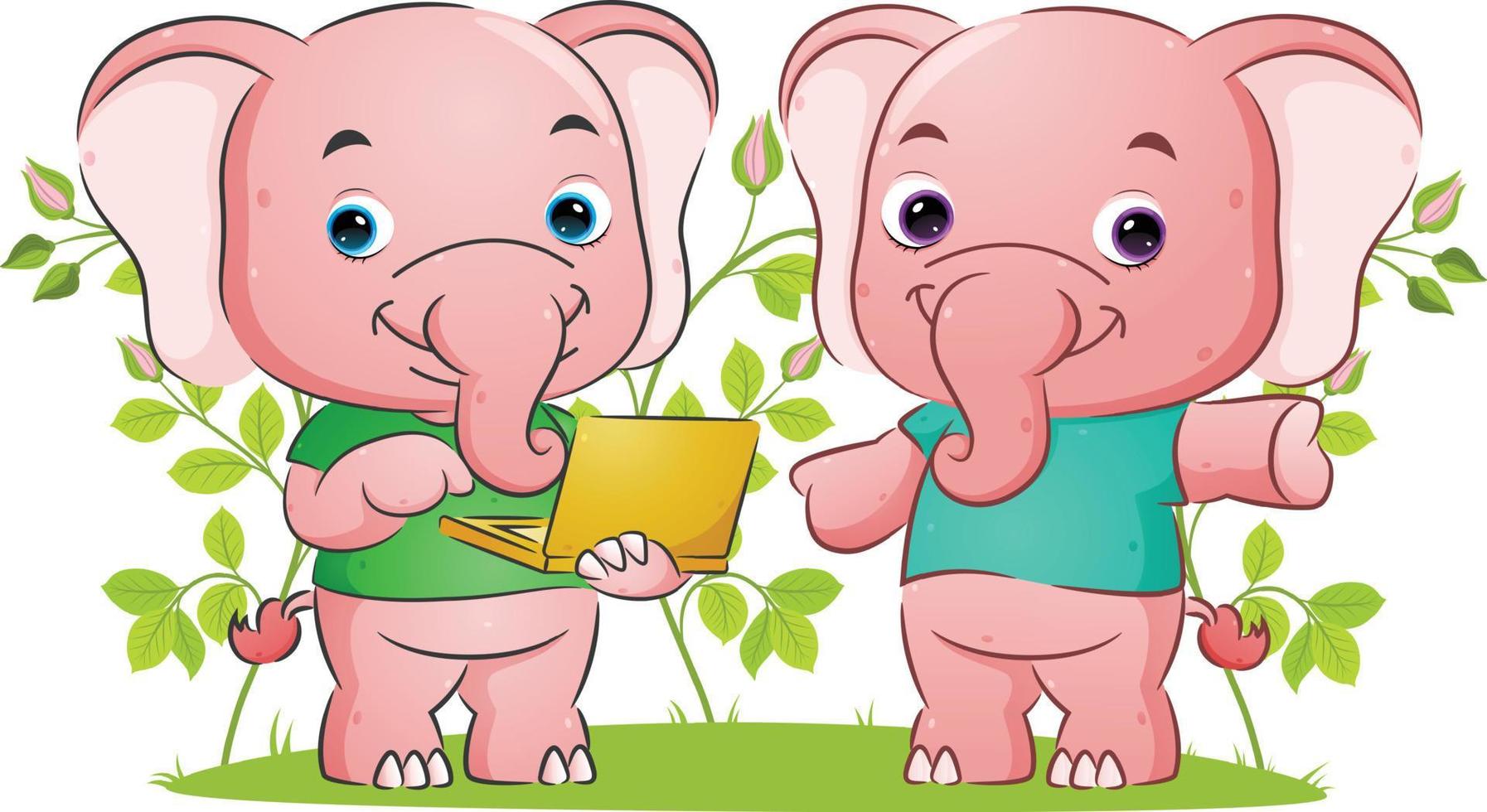 The couple elephant is explaining and holding the portable laptop in the garden vector