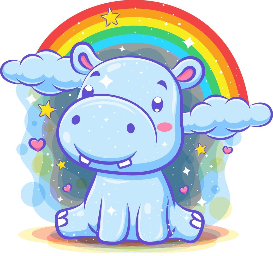 Cute hippo character with rainbow background vector