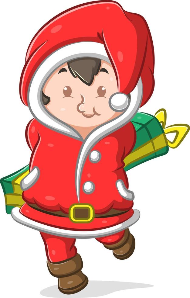 The girl using the Santa Claus costume and holding the long green gift with the vector