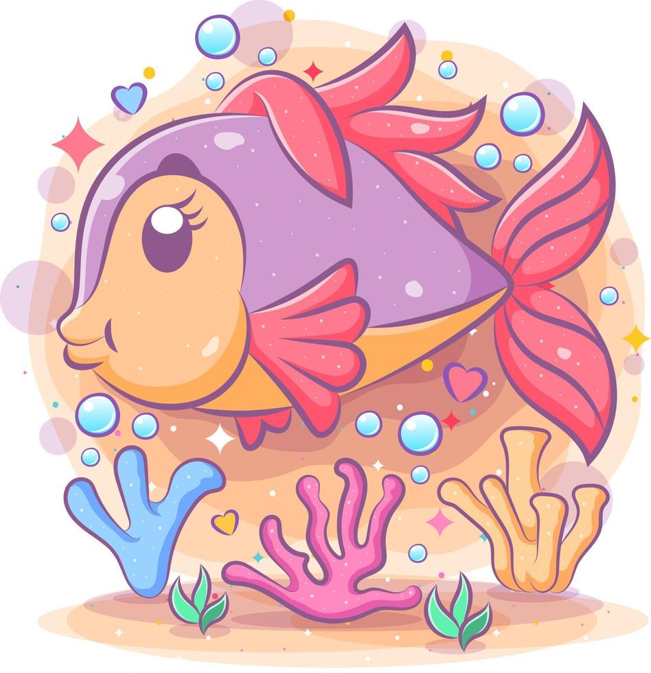The beautiful purple discus fish swim near the blue bubble vector