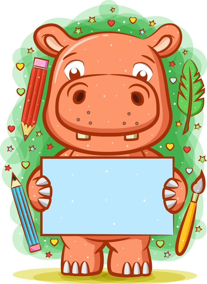 Hippopotamus holding the blank paper around the writing tools vector