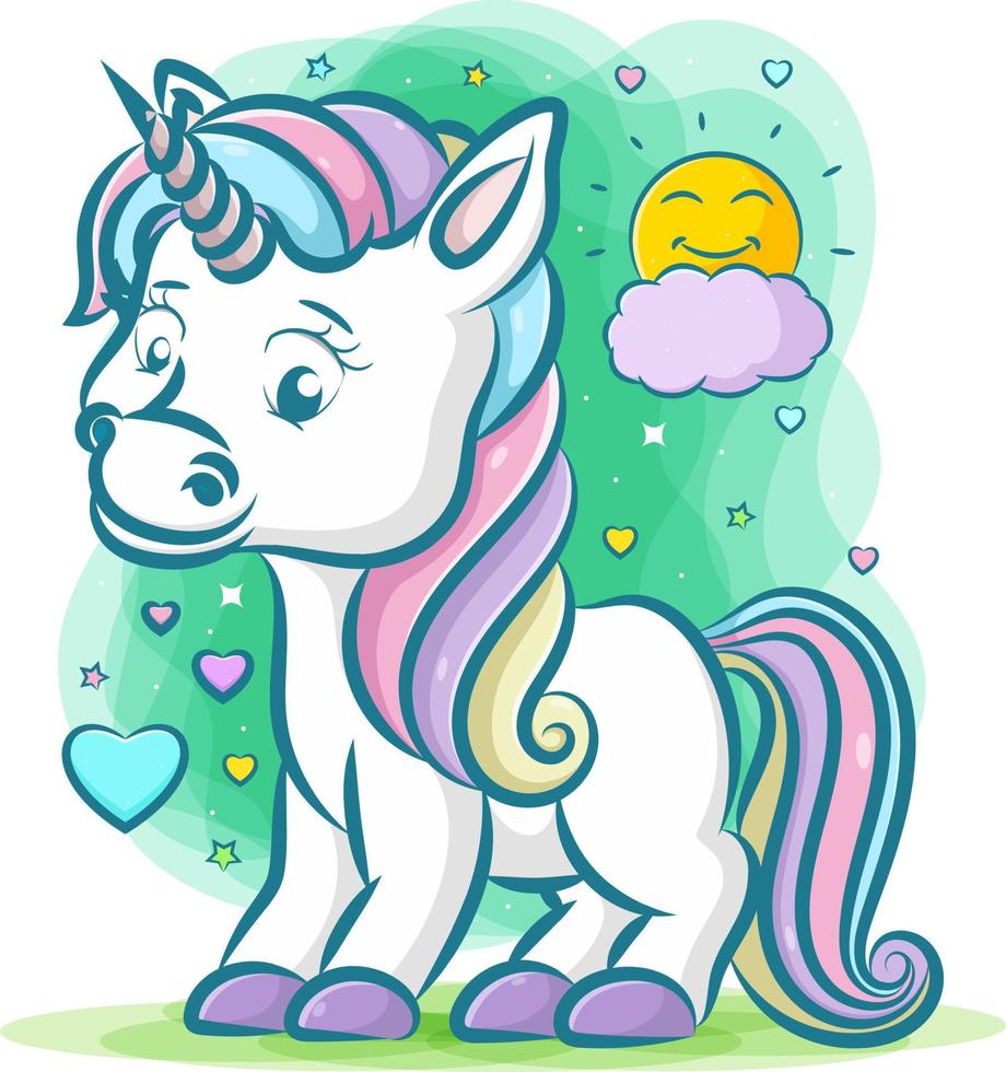 el pequeño unicornio con el pelo arcoiris con cuerno gris con el fondo verde vector