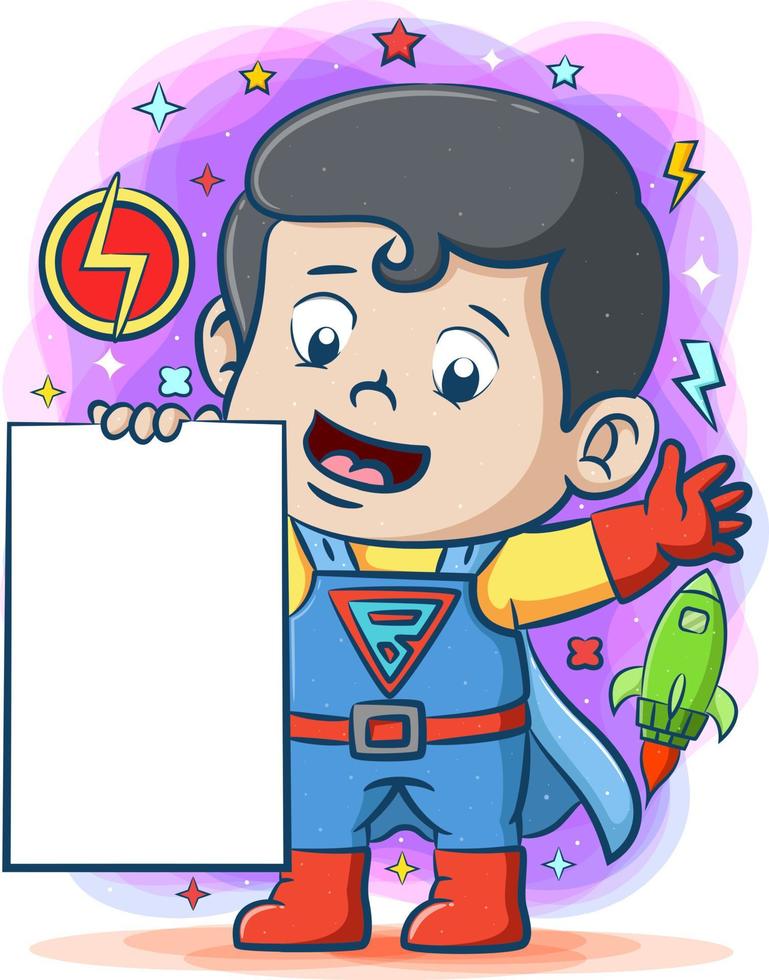 The super space boy holding the big blank board in his hands vector