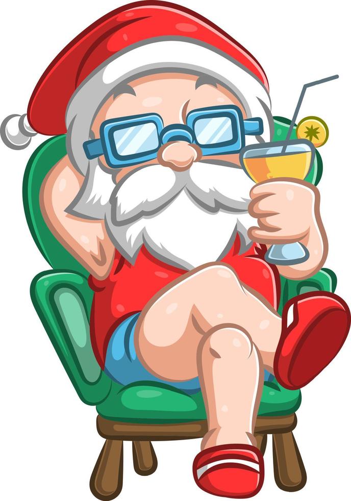 The old Santa Claus sitting with the short pants and holding a glass of orange juice vector