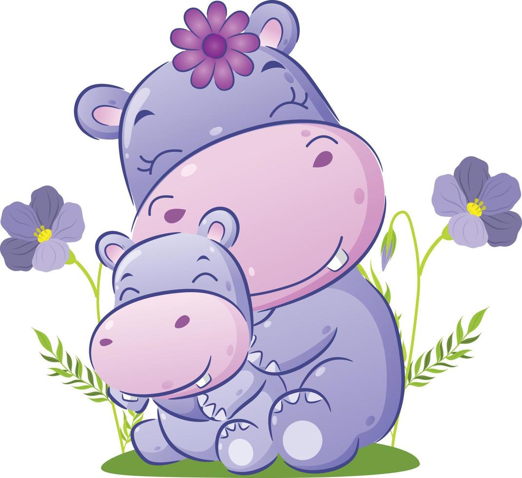 The big hippopotamus is sitting behind her baby in the garden vector