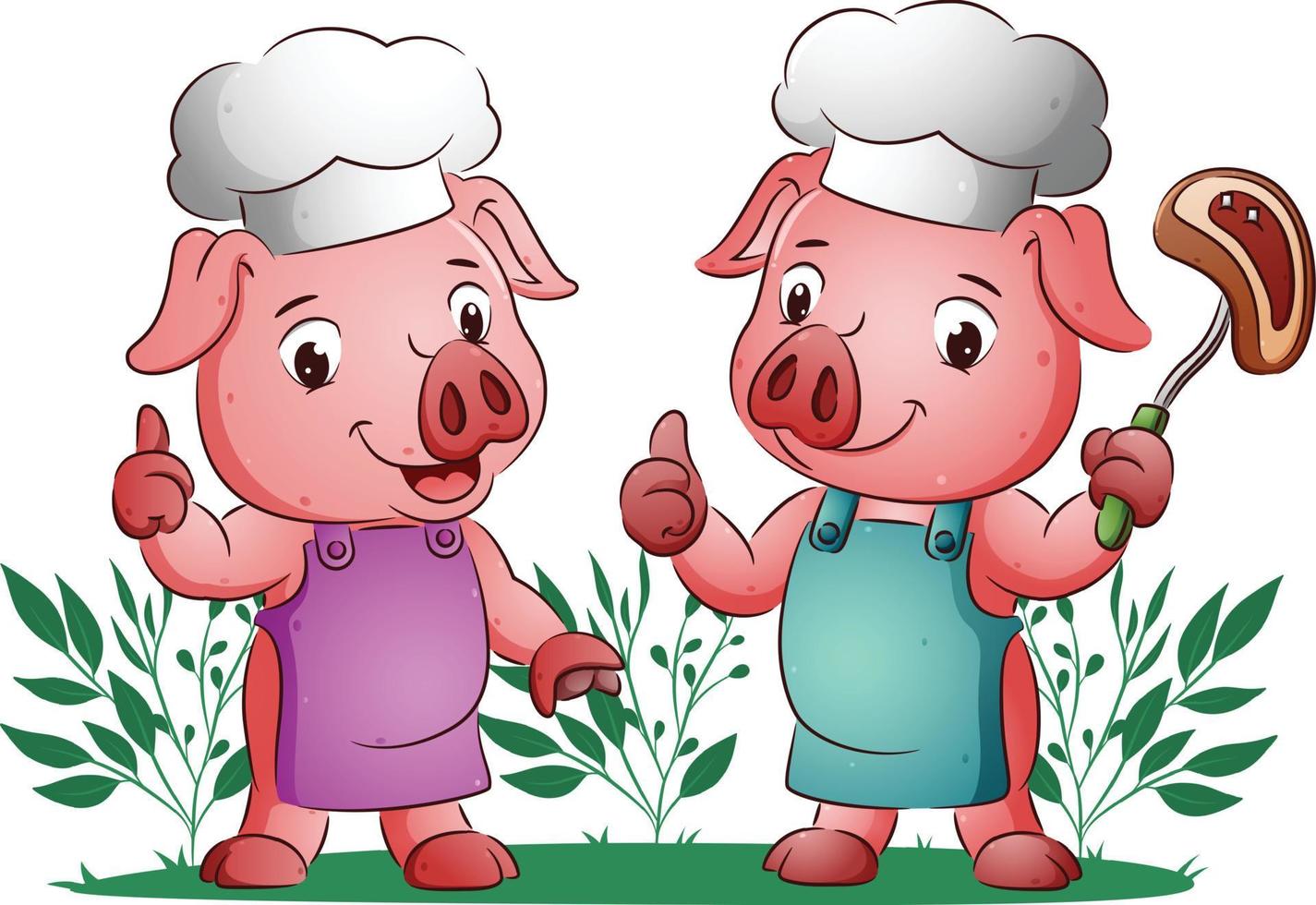 The pigs are giving the thumb up and holding the meat with the fork vector