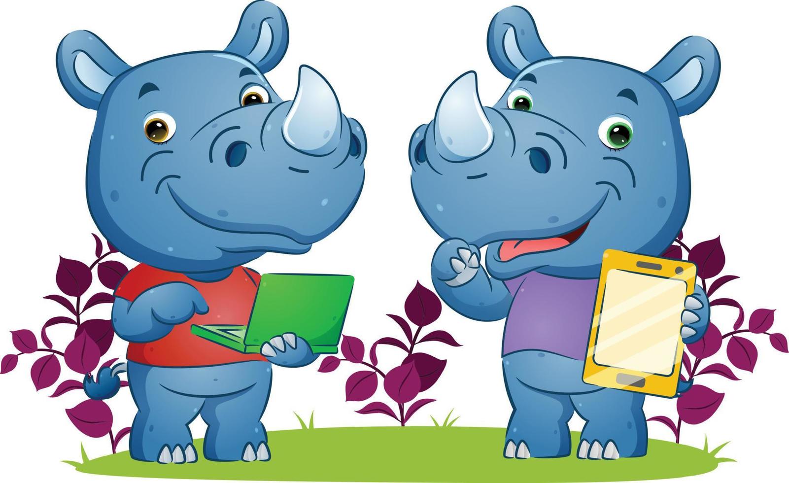 The couple of the rhinos are playing the gadgets the garden of flowers vector