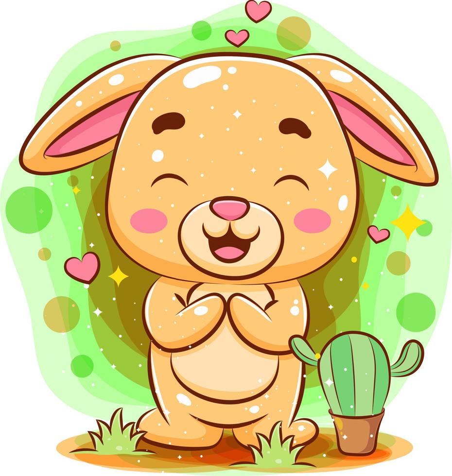 Cute baby rabbit sitting and laughing get cactuses flower vector