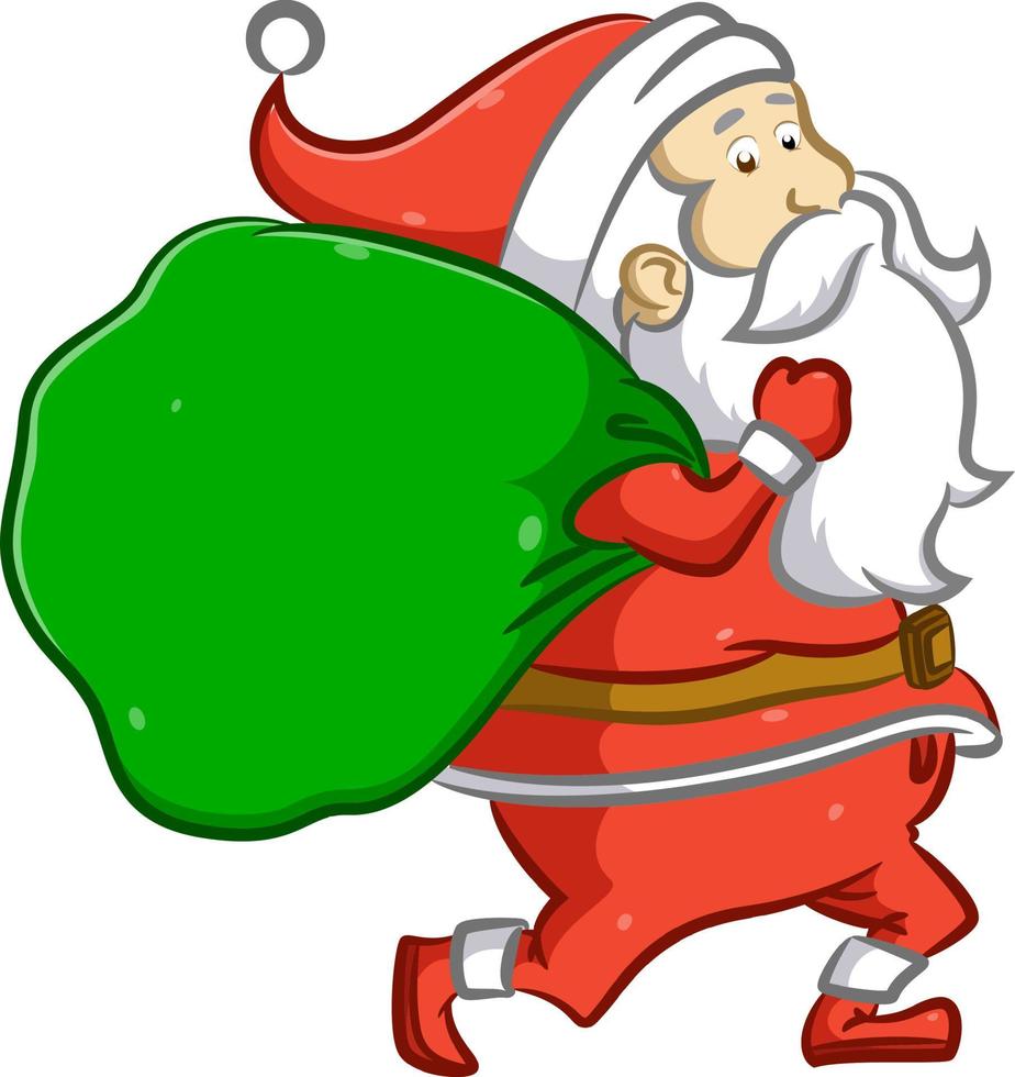 el santa claus está corriendo y sosteniendo un gran saco de regalo para navidad vector