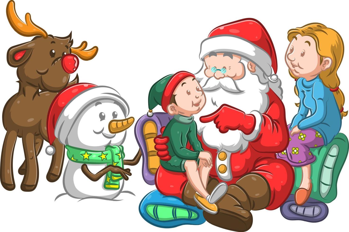 Papá Noel y los niños hablando antes de dar el regalo. vector