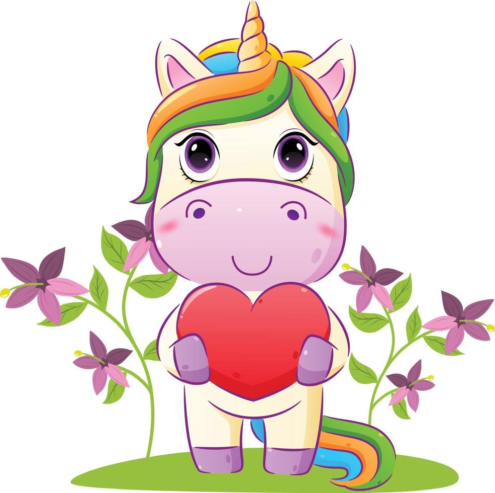 El unicornio feliz sostiene un gran amor y está de pie en el jardín de flores. vector