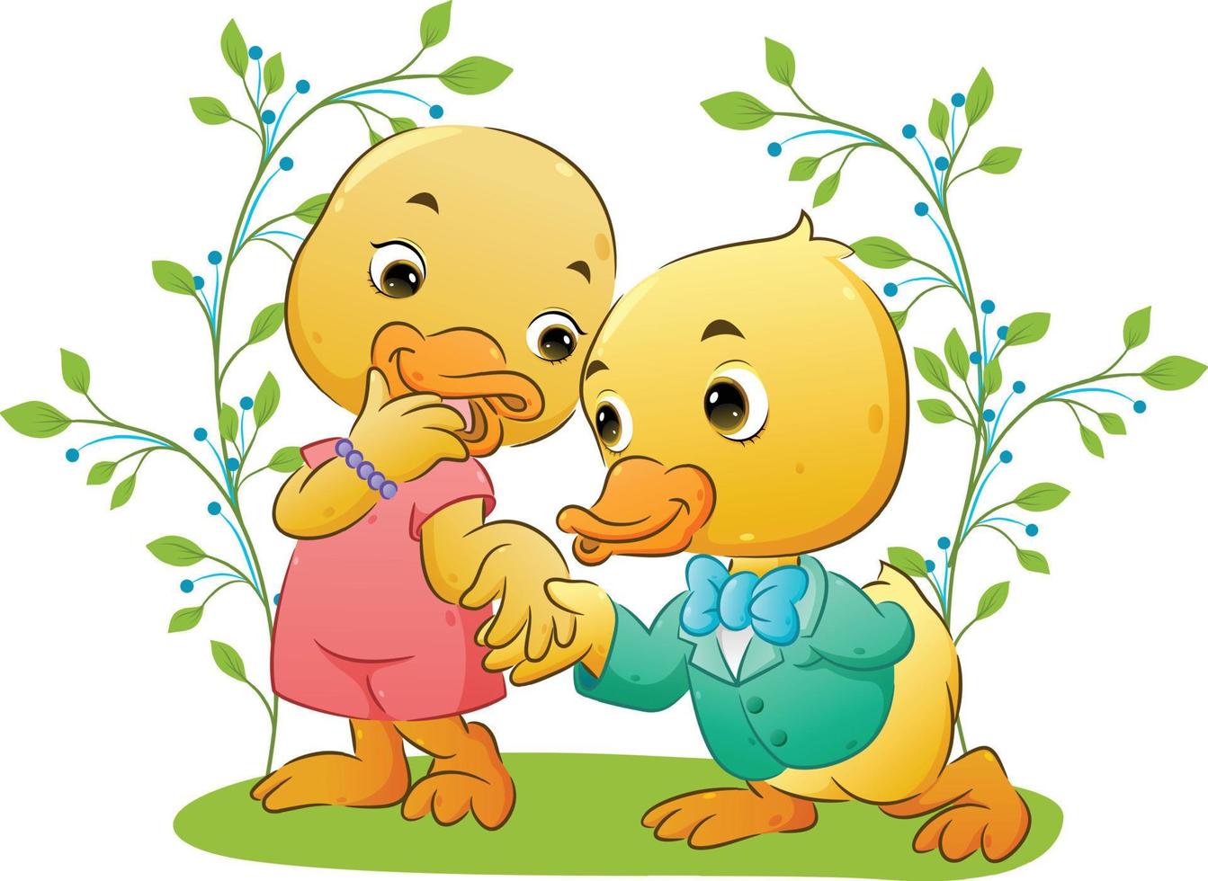 la feliz linda pareja de patos está arrodillada y usando el buen traje y vestido en el parque vector