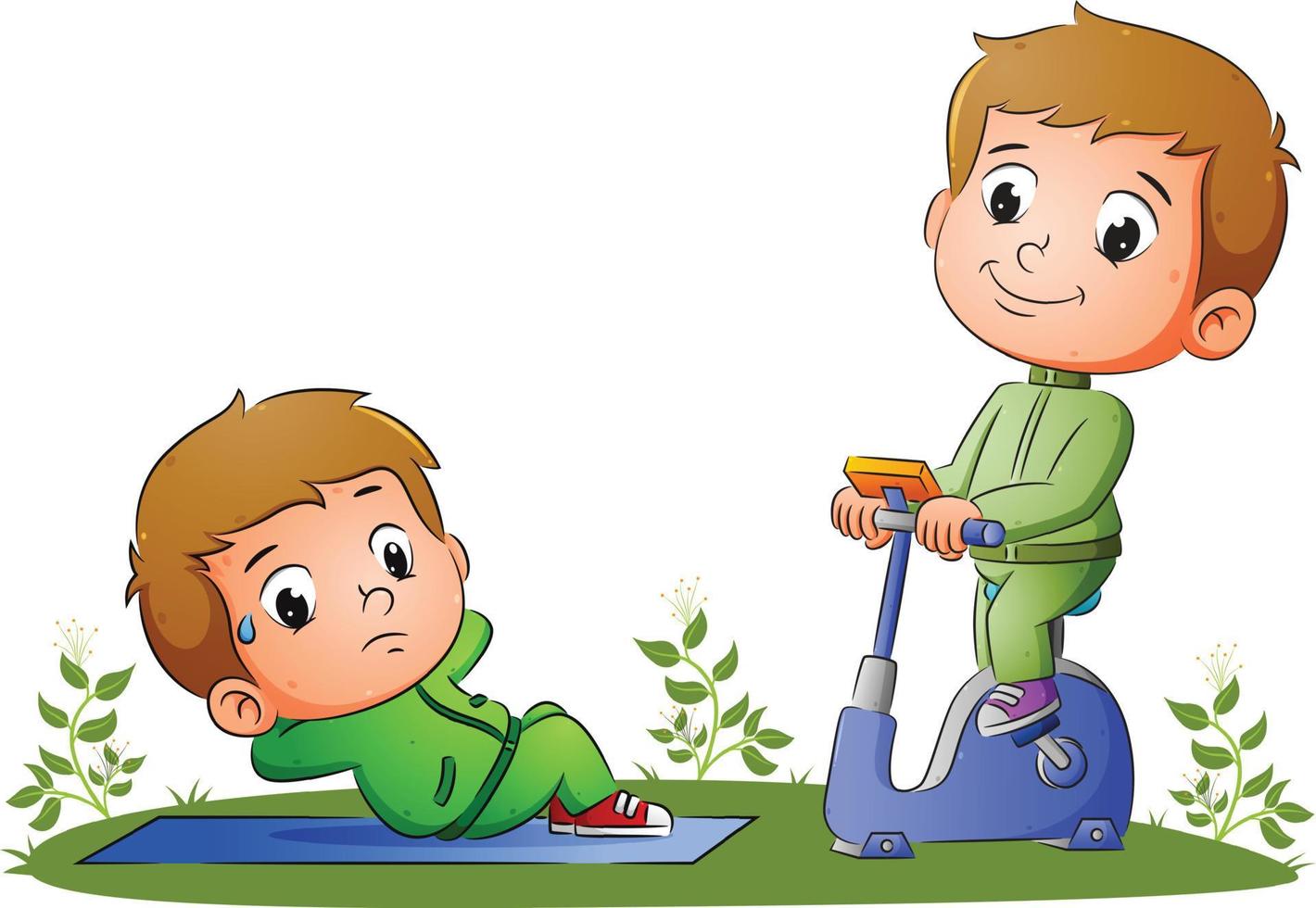 los niños están haciendo el deporte con sentarse y andar en bicicleta en la bicicleta estática de la ilustración. vector
