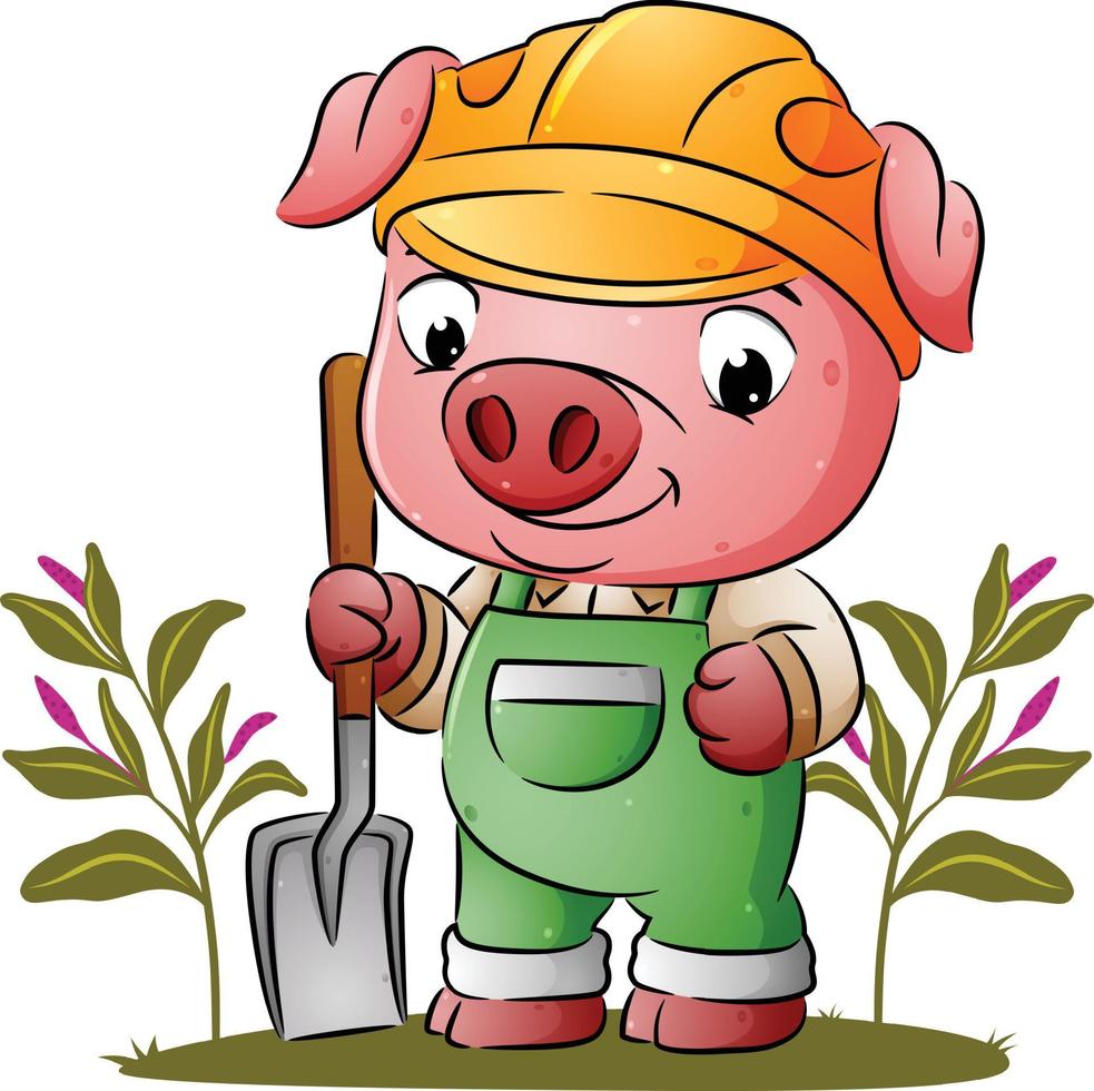 The builder pig is holding the shovel and using the safety costume vector