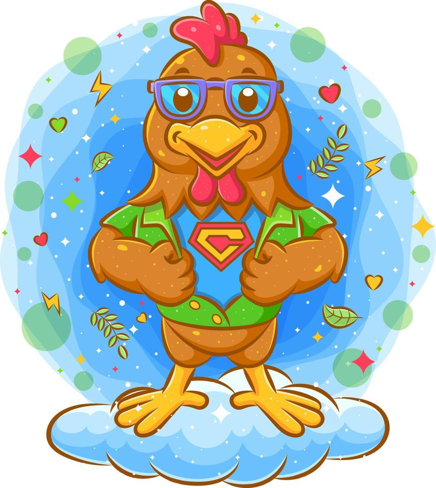 Rooster superhero showing super hero suit under his shirt vector