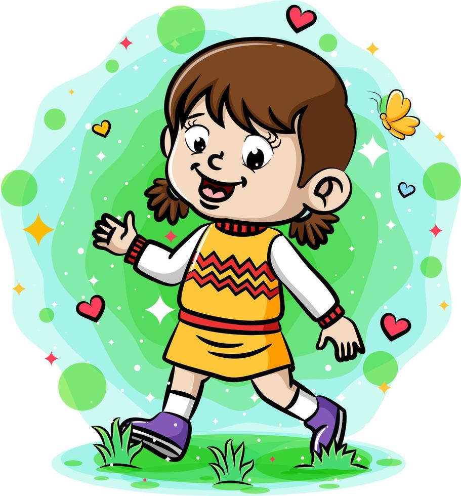 niña sonriendo y caminando en el jardín vector