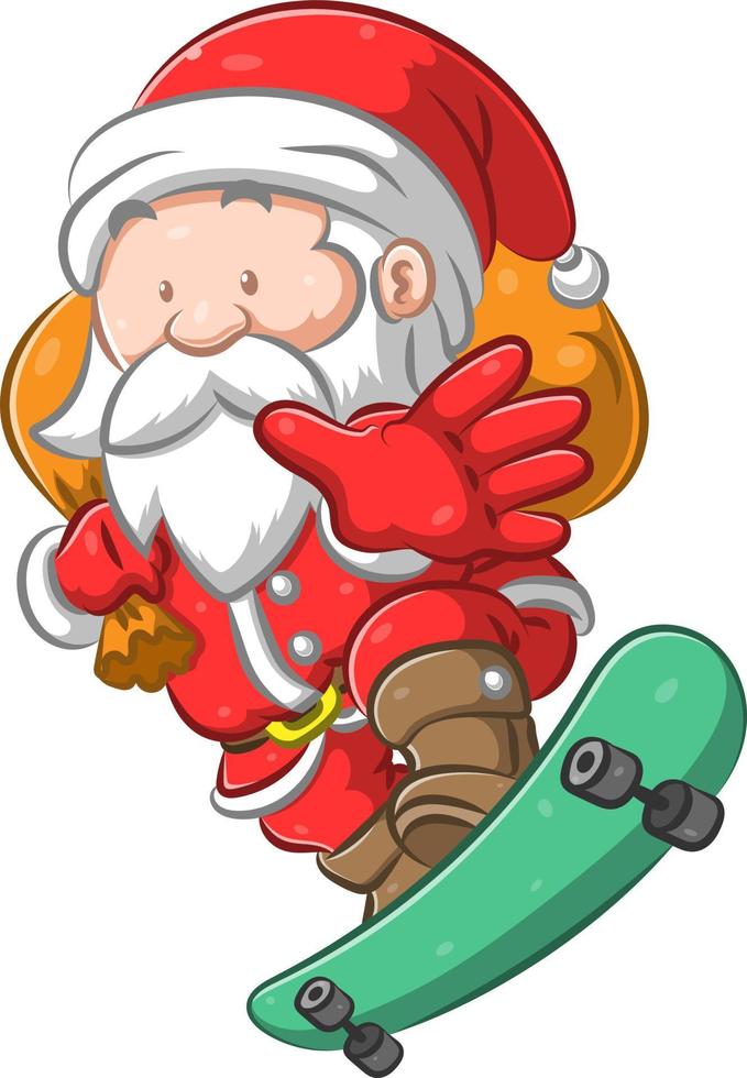 el santa claus de pie sobre la patineta verde y sosteniendo un saco de regalo vector