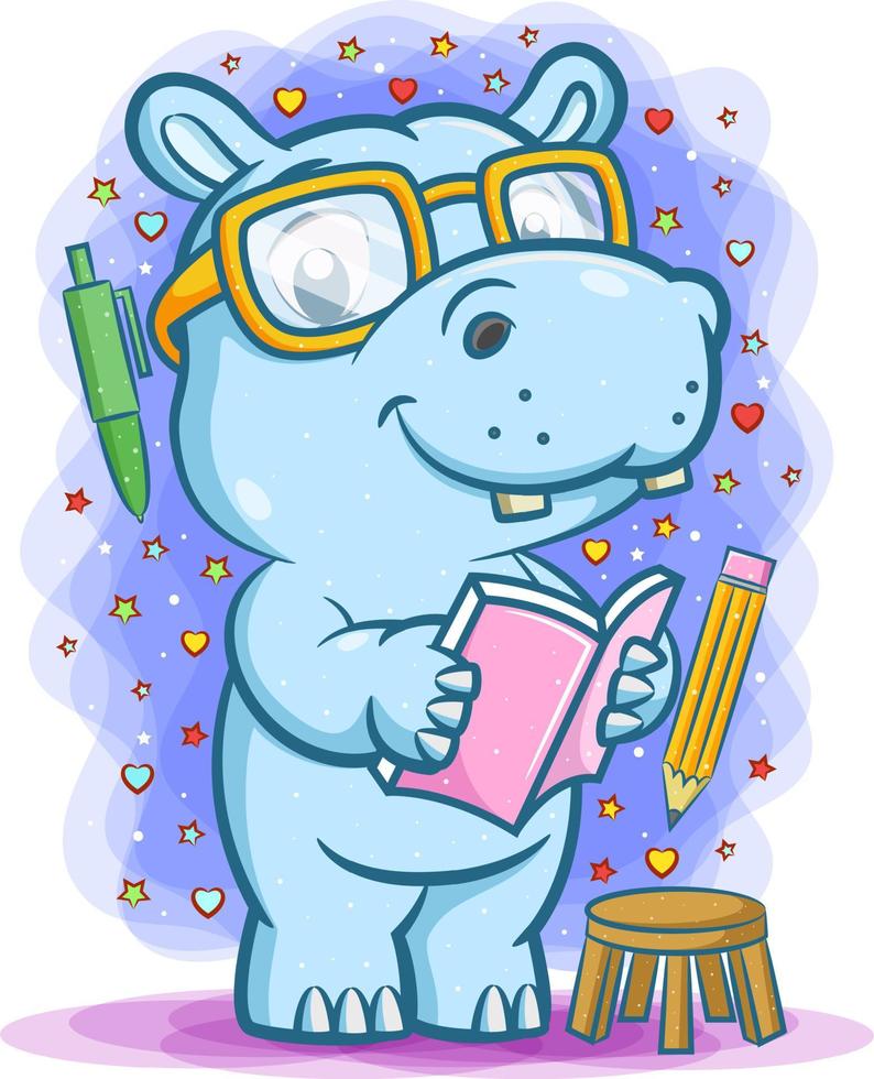 The student hippopotamus holding the book around the stationary vector