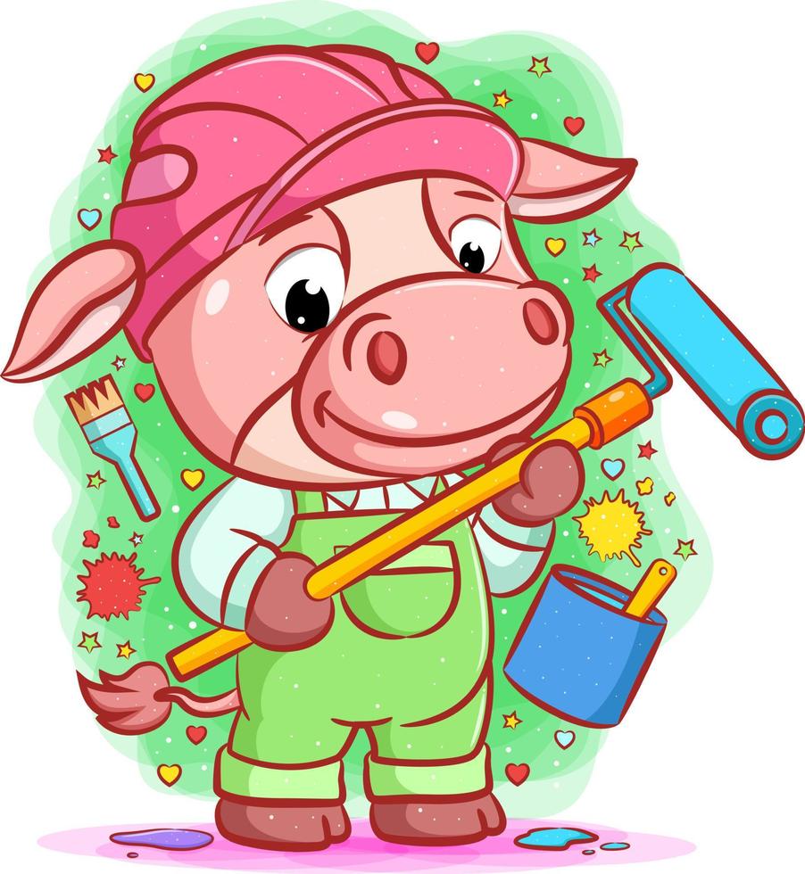 The cow using the helmet and holding the roller painting vector