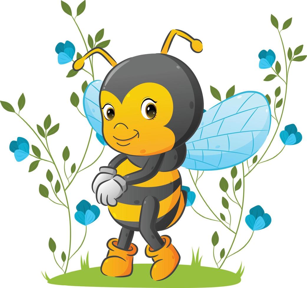 The pretty teenager bee is standing in the beautiful garden with the flowers ornament vector
