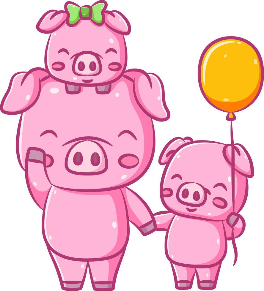 Cute three pink pig is walking around together and holding the yellow balloon vector