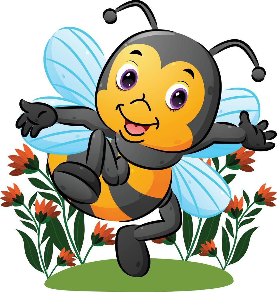 The cute bee with with the transparent wing is dancing in the garden vector