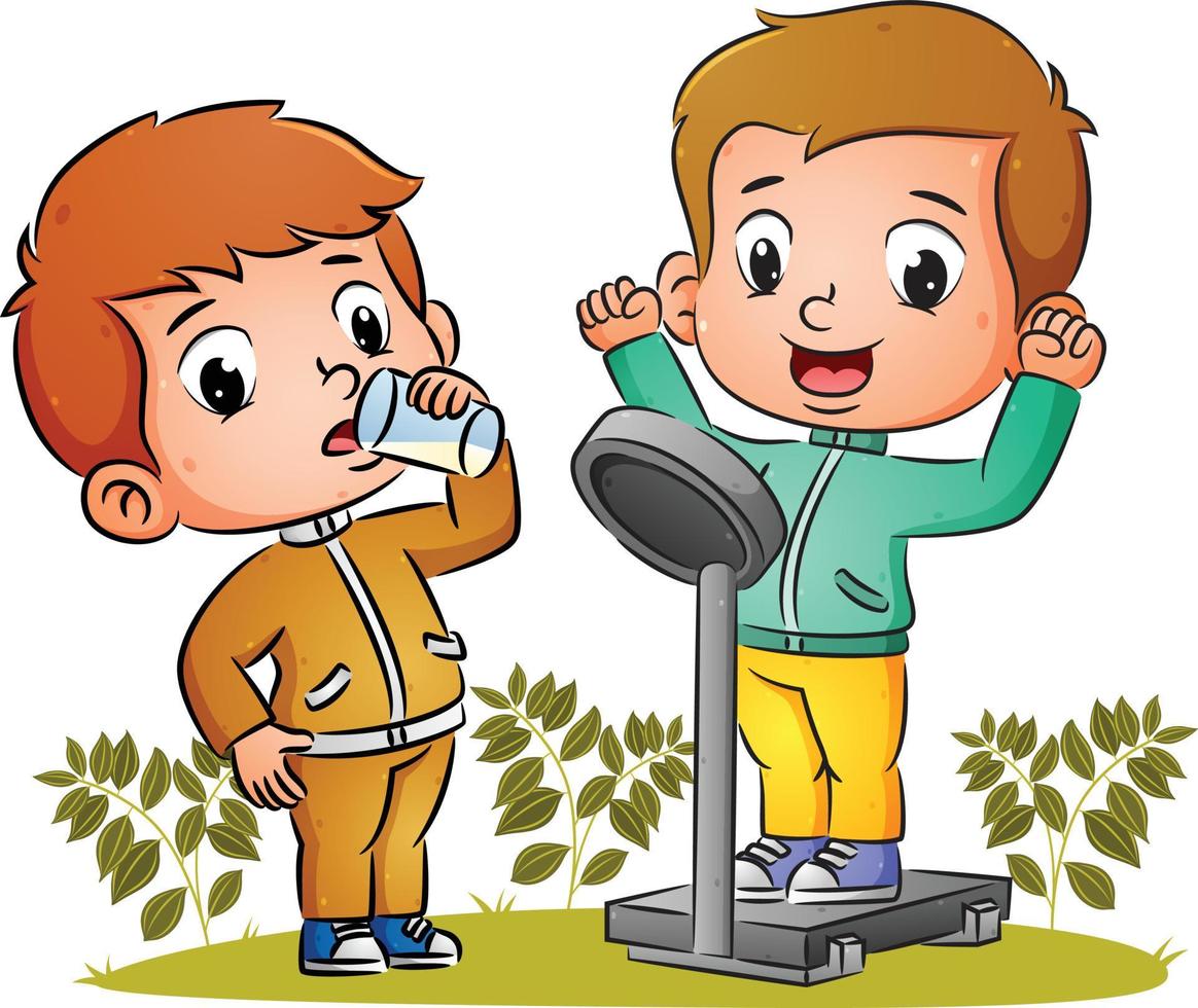 The happy couple boy are weighing the body and drinking a glass of milk vector