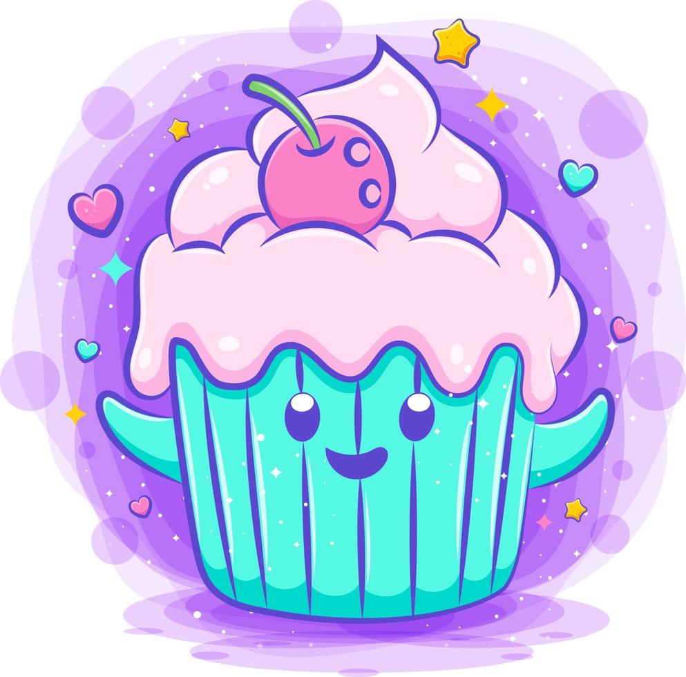 Smiling cute kawaii cartoon of cupcake character vector