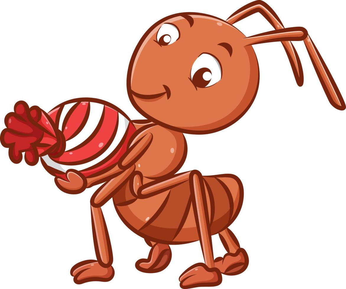 The big ant with the red color is holding the big marbles candy in his hands vector