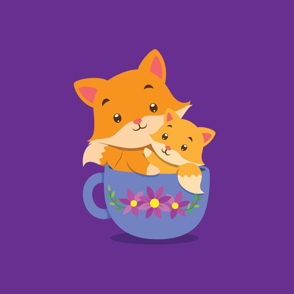 The fox with the baby fox is sitting on the tea cup with the flowers pattern vector