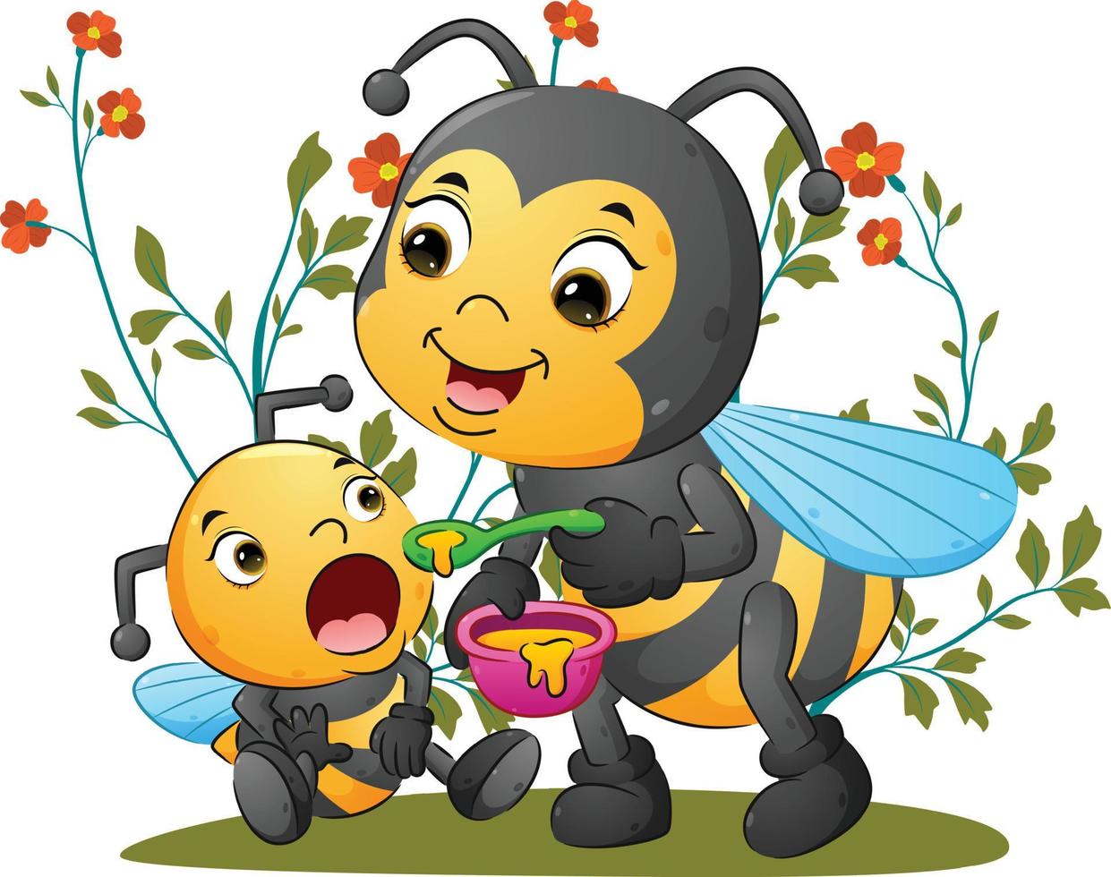 la linda madre abeja está alimentando a su bebé abeja con una cucharada de miel vector