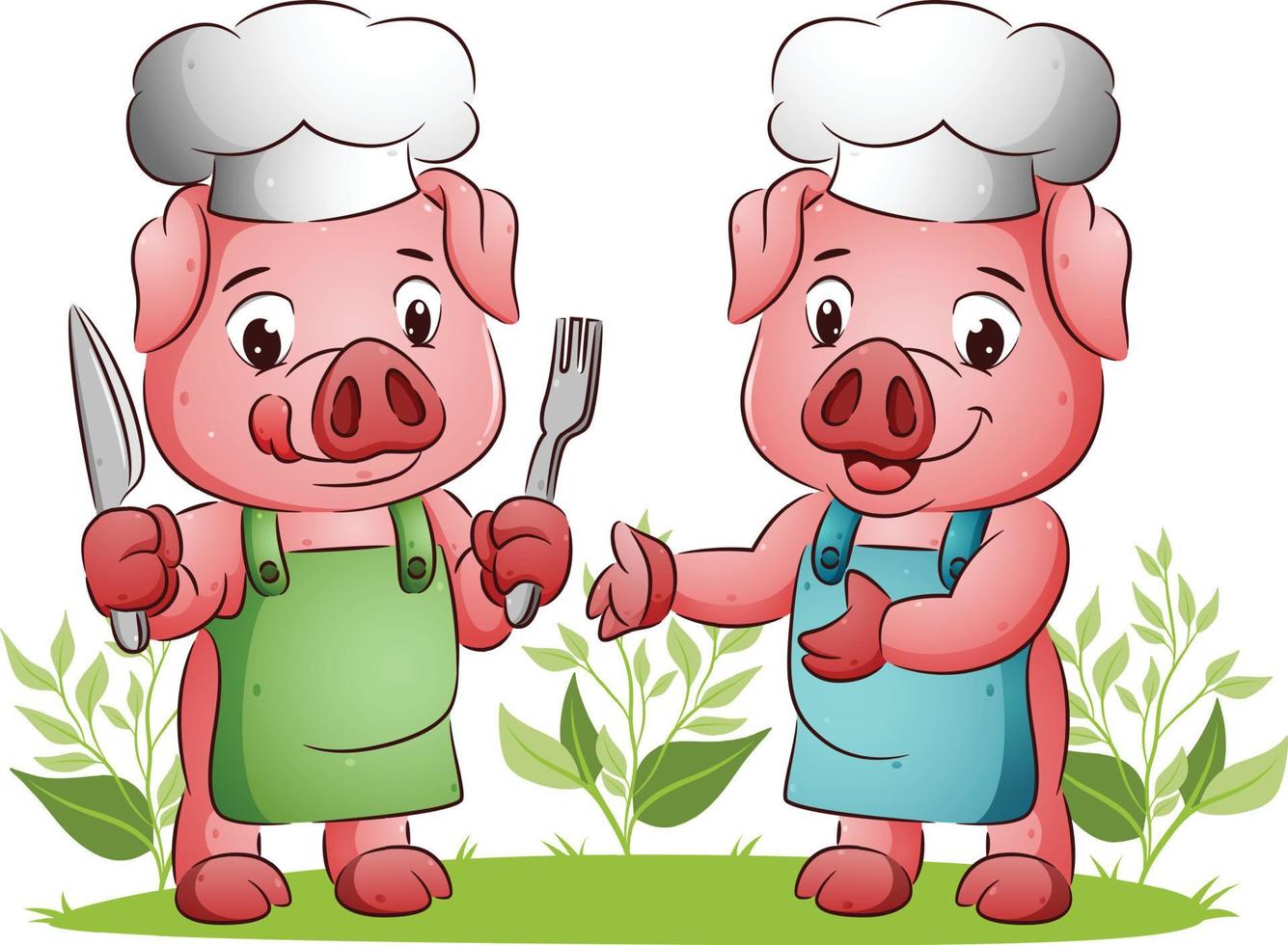 The couple of pig is ready for eating with holding the spoon and fork vector