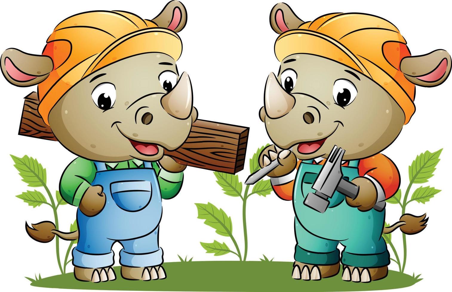 The cute two builder rhinos are holding the building tools and a wooden board vector