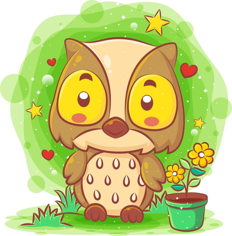 Cute baby owl sitting in the garden vector