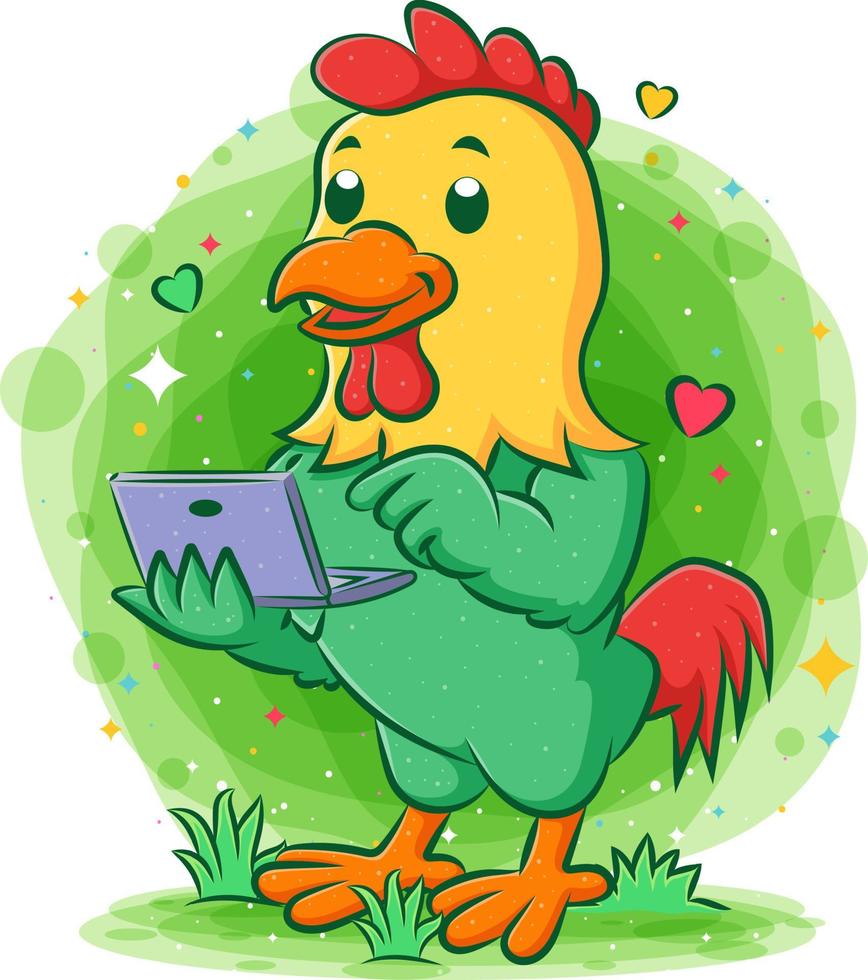 Happy rooster excited holding laptop vector