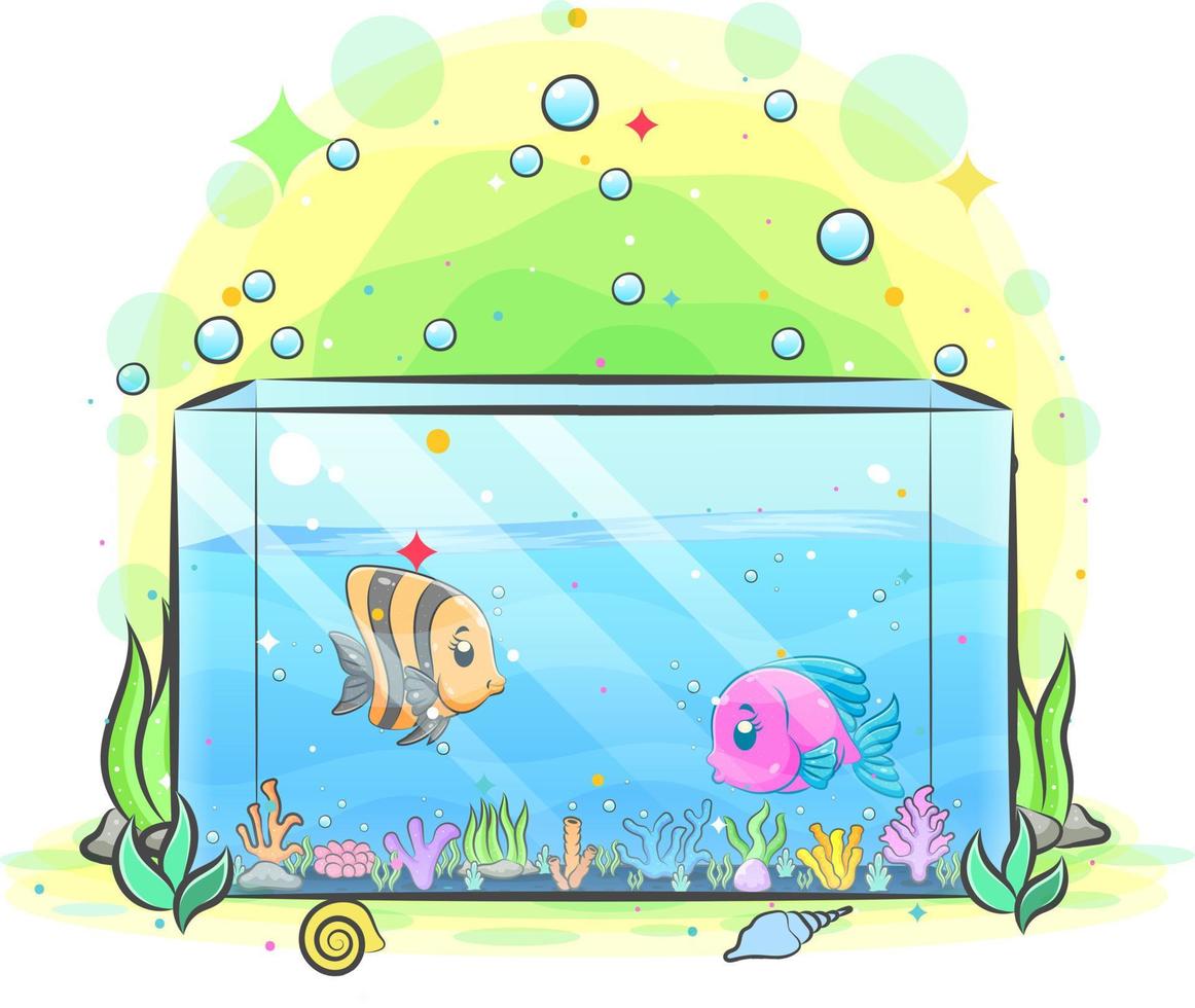 Box of aquarium have two fish inside and the little coral reefs vector