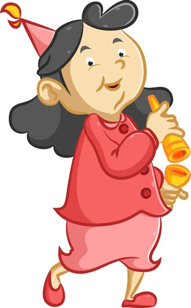 The woman using the red costume holding two yellow trumpet vector
