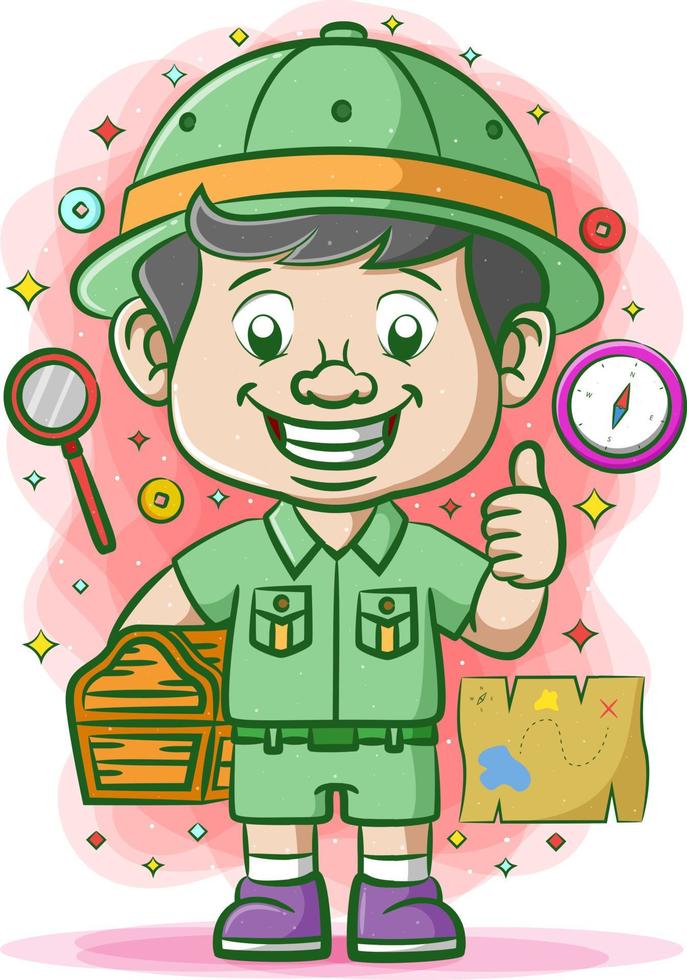 The traveller with the green uniform finding the treasure chest near with the maps vector