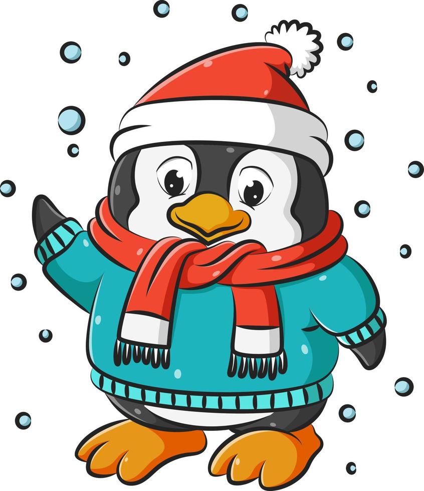 pequeños pingüinos con los pies grandes usando el suéter y el sombrero rojo de navidad bajo la nieve vector