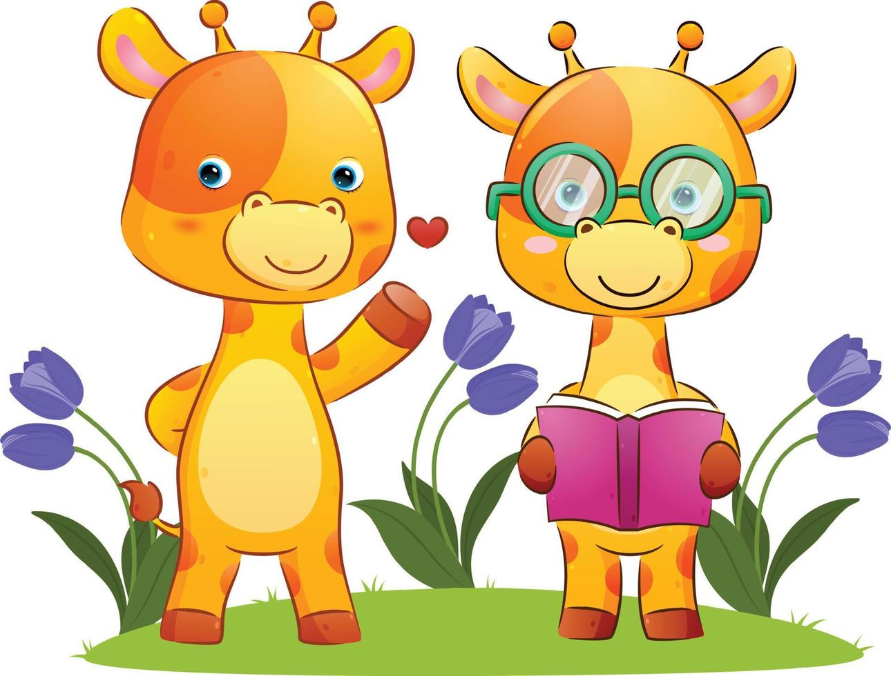 The smart couple of giraffe is holding a book and telling a story in the park vector