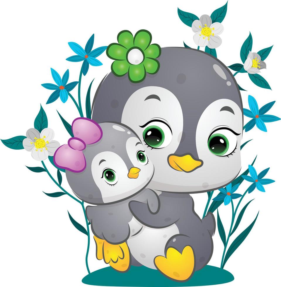 The cute happy penguin is lifting the baby with the flowers background vector