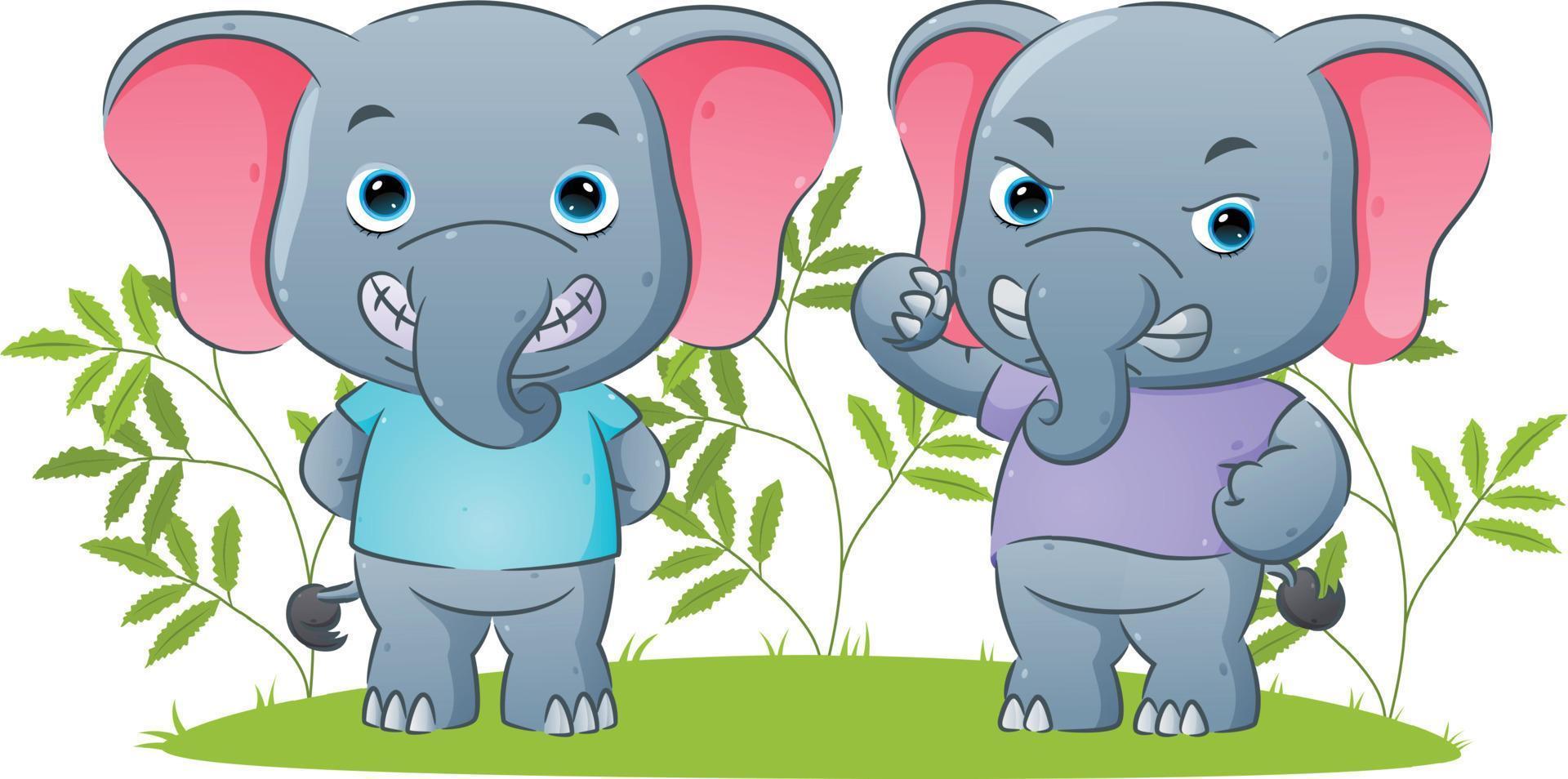 The couple elephant is giving the happy and angry expression with the garden background vector