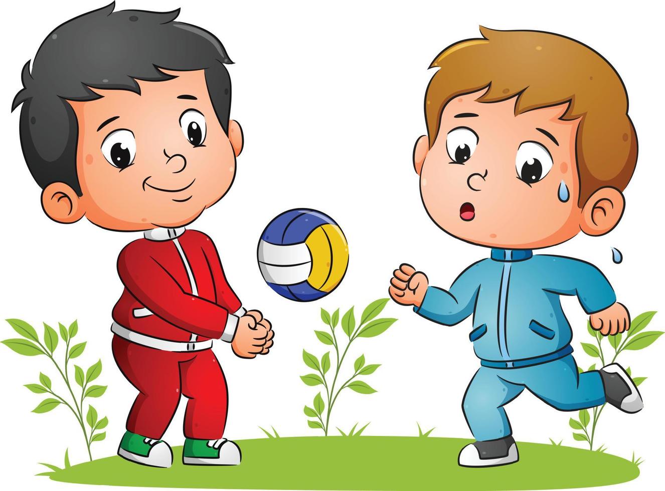 The kids are doing the sport with playing the volleyball and running in the garden vector