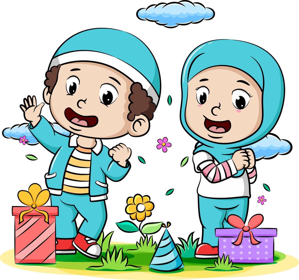 A young Boy and a young girl Muslim celebrating ied fitr vector