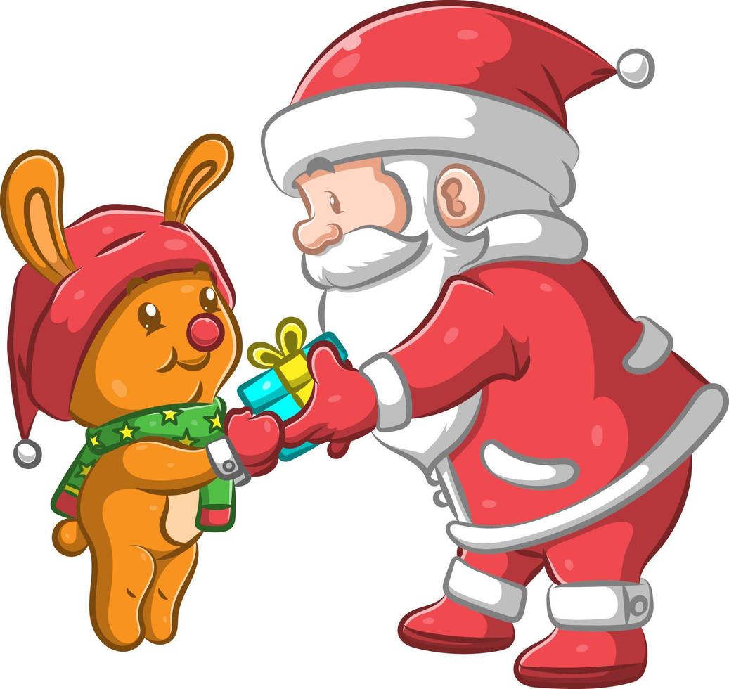 The big Santa Claus giving the small gift to the yellow rabbit vector