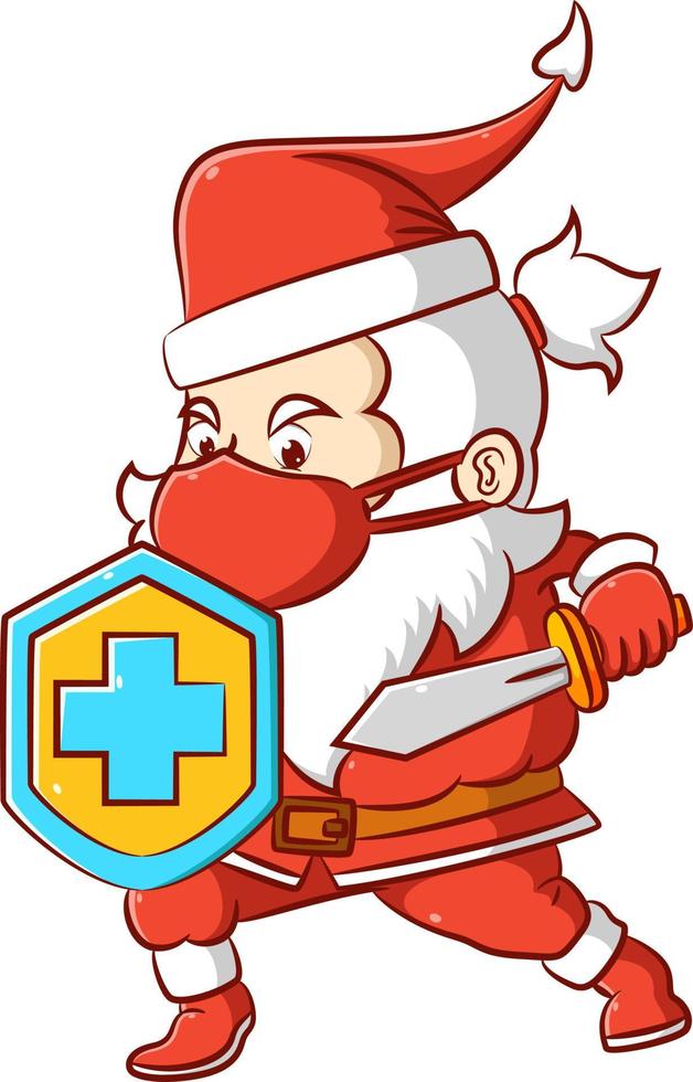 The Santa clause in holding the shield and the sword to protect the body from the virus vector